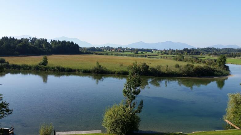 Panoramablick auf Alzstrand und Chiemgauer Alpen