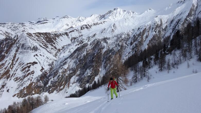 Auf ca. 2000 m Seehöhe, mäßig steiles Gelände, perfekt für Aufstieg und Abfahrt. Hinten Mitte die Gamskarspitz (2750 m), die kleine Pyramide rechts davon: Fischers Napf (2493 m).