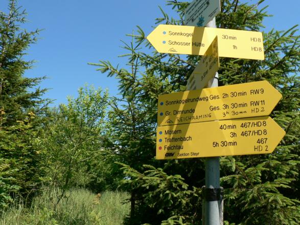 Am unteren Ende des Schlags, weist ein Wegweiser Richtung Sonnkogel - Schosserhütte