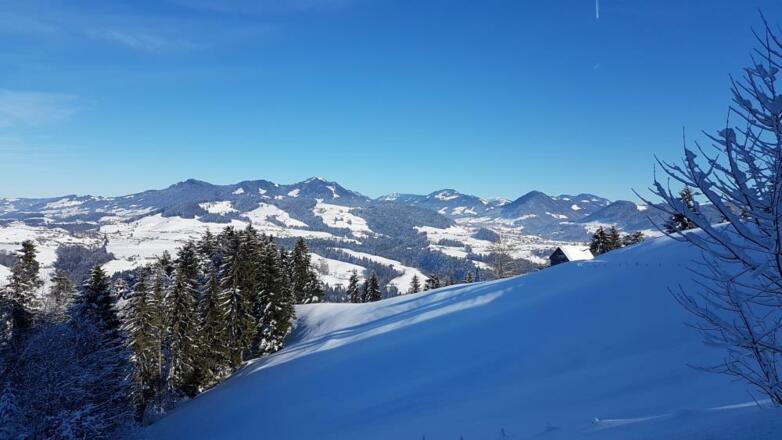 Panorama auf dem Winterwanderweg am Tannerberg, Alberschwende