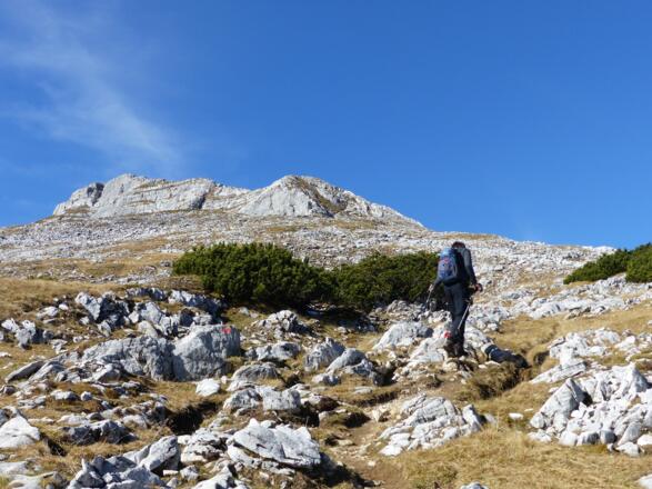 Anstieg in schöner Karstlandschaft. Dahinter der Gratverlauf zum Gipfel.