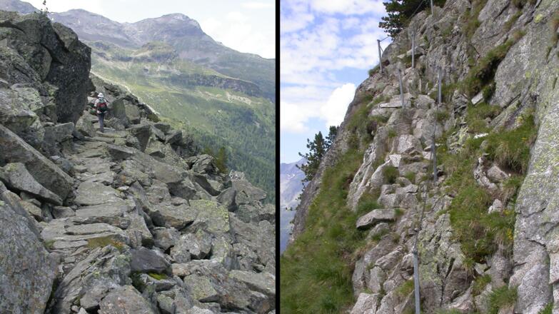 zunächst noch auf Wegplatten, kurz danach dann die gut gesicherte treppenartige Felsrampe