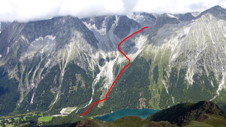 Der ungefähre Wegverlauf bis zur Riepenscharte gesehen von der Roten Wand