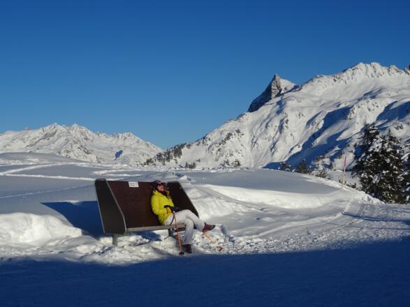 Kurze Pause auf dem Weg zurück zur Bergstation der Sonnenkopfbahn