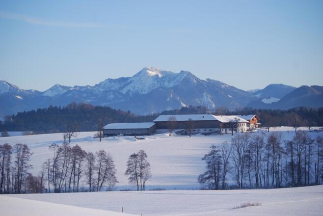 Stadl im Winter mit Bergblick