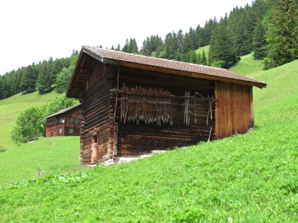 Stall mit Heinzen (Gnalp), diese Holzgestelle wurden früher auf den Wiesen zum Heutrocknen verwendet