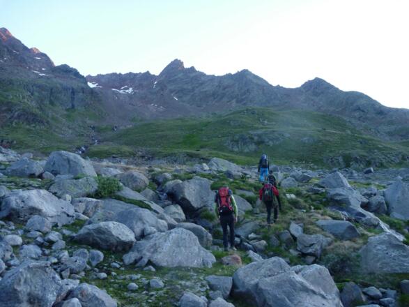 Die grünen Matten des "Hinteren Köpfles" (2820) sind bequem begehbar. Hinten markant - der Mittlere Eiskasten-Kopf (3260 m).