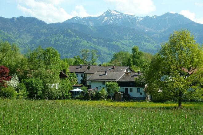 Lage Haus Monika, vorne Wiese(Weide), hinten der Hausberg Hochgern