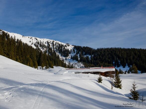 Blick zurück: Finsterbachalm und die Abfahrt vom Kurfenlift