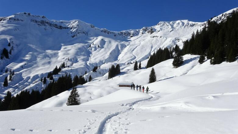 ... ab 1400 m wieder in südlicher Richtung zur Jetzbachalm (1523 m). Das mächtige Kar unter dem Kamm der Schwalbenwand öffnet sich.