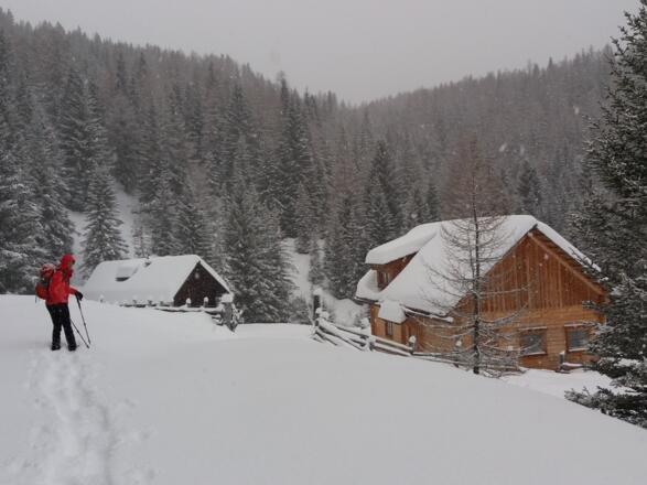Wir erreichen die Kocheralm, 1560 m, bei Schneefall.