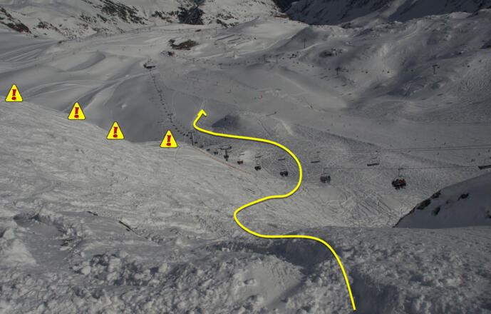 Run 3 North Face - Gefahren: Nicht zu weit nach links fahren,  da hier ein steiler Abbruch lauter. Besser unten links um den Hügel und dann erst auf die Piste zurück fahren.