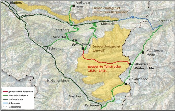 Die Teilstrecke vom Alpengasthaus Fellimännle bis Silbertaler Winterjöchle in der Gemeinde Silbertal führt durch das Europaschutzgebiet "Verwall" und ist von 16.09. bis 14.06. jeden Jahres für Mountainbiker gesperrt.