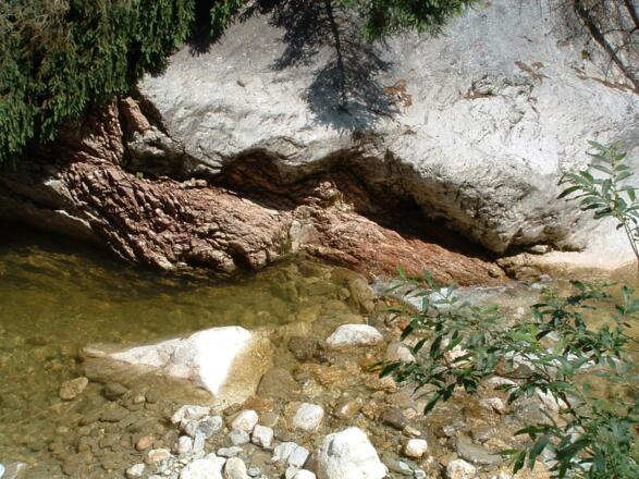 interessante Farbschichtung am Filzmmosbach (roter Liaskalk überlagert von massivem Rätkalk)