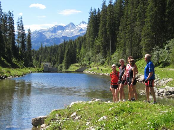 Der Trattenbachstausee, rechts die Wildkarspitze