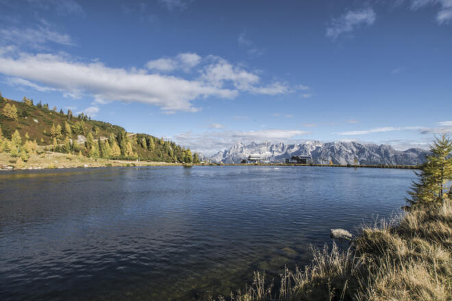 Blick über den Reiteralmsee zu Preunegg-Jet und Dachstein