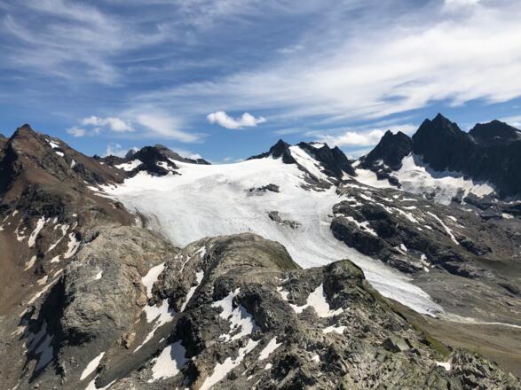 Gipfel Tällispitz Blick Silvrettagletscher und Rote Furka